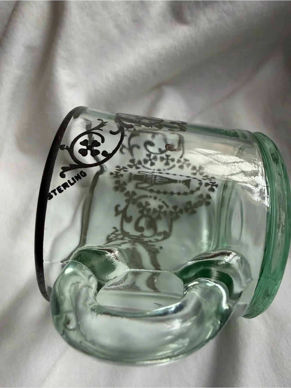 Vintage Green Glass Creamer Pitcher with sterling Silver Filigree